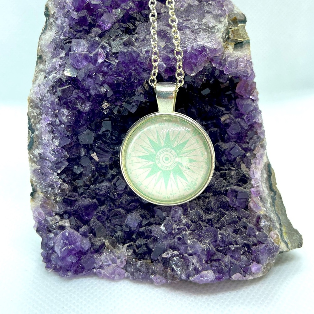 Silver colored Compass Glass pendant